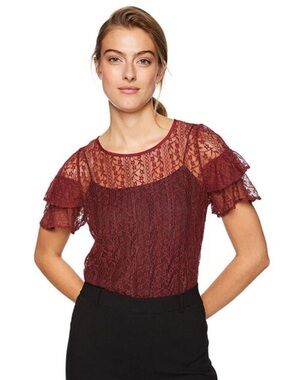 BCBGeneration Burnt Burgundy Lace Ruffle Sleeve Blouse - L
